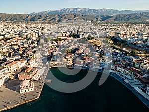 Aerial top view by drone of Chania city, Crete island, Greece