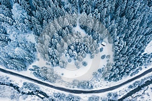 Letecký pohľad zhora drone záber z borovice smrekov les pokrytý snehom v tatrách na slovensku s