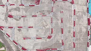 Aerial top view of the empty go-kart track. Kart racing or karting motorsport