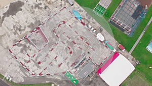 Aerial top view of the empty go-kart track. Kart racing or karting motorsport