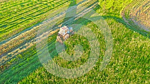 Aerial top view farm scene agricultural tractor mows grass with a mower in the farm fields, haymaking