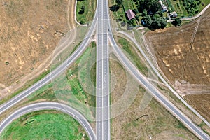 Aerial top view from flying drone of a part of road junction