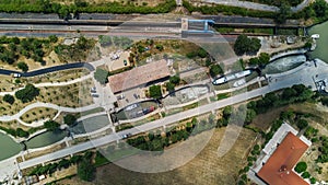 Aerial top view of Fonserannes locks on canal du Midi from above, unesco heritage landmark, France