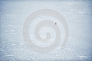 Aerial top view on a frozen lake. Lonely man walking through