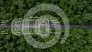 Aerial top view of green electric vehicle car driving over straight forest road, EV car electric vihicle car on forest road with