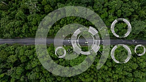 Aerial top view of green electric vehicle car driving over straight forest road, EV car electric vihicle car on forest road with