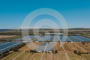 Aerial top view of greenhouse plant. Agronomy, year-round climate control and yield, indoor farming, heat recovery, power