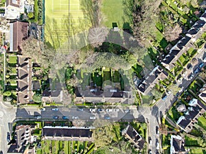 Aerial top view of Hampstead Garden Suburb, an elevated suburb of London.