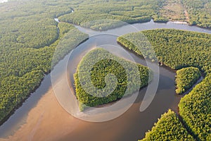 Aerial top view of Heart island in Trang province, Thailand. Forest trees in nature landscape background