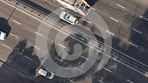 Aerial top view of highway in fast speed motion.