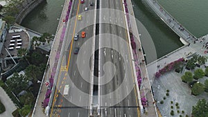 Aerial top view for highway in sunny summer day and footpath with purple flowers bushes. Shot. Above view car traffic on