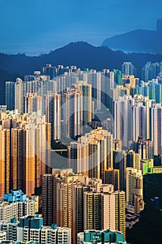 Aerial top view of Hong Kong Downtown, republic of china. Financial district and business centers in smart urban city in Asia.