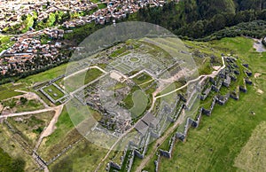 Aerial top view of the inca ruins of Sacsayhuaman