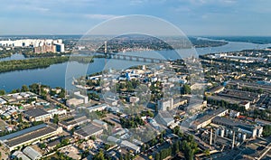 Aerial top view of industrial park zone from above, factory chimneys and warehouses, industry district