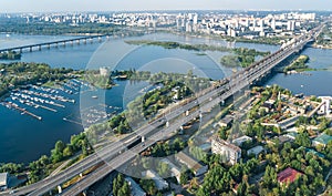 Aerial top view of industrial park zone from above, factory chimneys and warehouses, industry district in Kiev, Ukraine