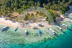 Aerial top view Ipil Beach on Pinagbuyutan Island, Near El Nido, Palawan, Philippines.