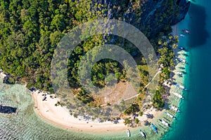 Aerial top view Ipil Beach on Pinagbuyutan Island, Near El Nido, Palawan, Philippines.