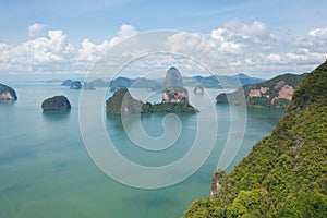 Aerial top view of Khao Phing Kan, Ko Ta Pu, Phang Nga, lush green trees from above in tropical forest in national park in summer