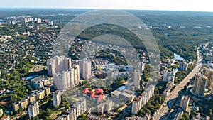 Aerial top view of Kiev city residential area from above, Goloseevo district skyline, Ukraine