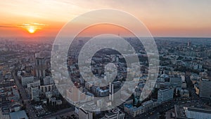 Aerial top view of Kiev city skyline on sunset from above, Kyiv center downtown cityscape, capital of Ukraine