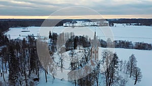 Aerial Top View of the Krimulda Evangelic Lutheran Church in Winter at Sunrise