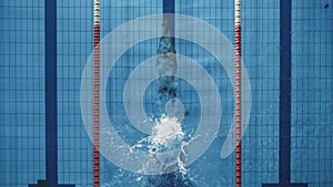 Aerial Top View Male Swimmer Jumping, Diving into Swimming Pool, Creating a Big Splash. Professional