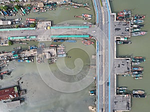 Aerial top view of a many Fishing boats at harbour in chonburi, thailand.