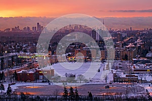 Aerial top view of morning winter landscape in Toronto city, Canada. Canadian urban