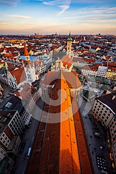 .Aerial top view of Munich city, St. Peter\'s Church, historic buildings, Bavaria Germany