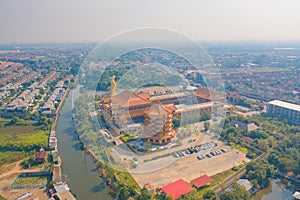 Aerial top view of National Fo Guang Shan Thaihua Temple in Bangkok downtown, Thailand. urban city. Chiang Kai shek Memorial Hall