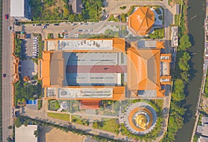 Aerial top view of National Fo Guang Shan Thaihua Temple in Bangkok downtown, Thailand. urban city. Chiang Kai shek Memorial Hall