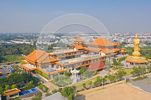 Aerial top view of National Fo Guang Shan Thaihua Temple in Bangkok downtown, Thailand. urban city. Chiang Kai shek Memorial Hall