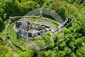 Aerial top view of Nevitsky Castle ruins near Nevitske village, Zakarpattia, Ukraine
