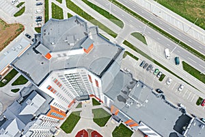 Aerial top view of newly constructed residential building complex