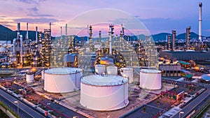 Aerial top view oil and gas chemical tank with oil refinery plan photo