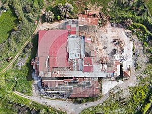 Aerial top view of an old brick factory in Polichnitos,Lesvos,Greece