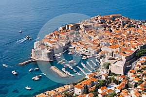 Aerial top view on the old city of Dubrovnik, from the observation deck on the mountain above the city. Film location