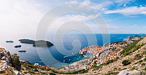 Aerial top view on the old city of Dubrovnik, from the observation deck on the mountain above the city. Film location