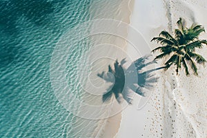 Aerial top view of palm leaf shadow on the beach.