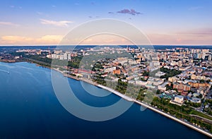 Aerial top view panorama city Perm and Kama river Russia, sunset drone photo