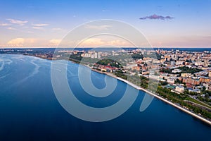 Aerial top view panorama city Perm and Kama river Russia, sunset drone photo