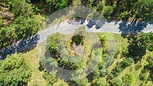 Aerial top view of park forest road with bike lanes, Truhaniv island, Kiev, Ukraine