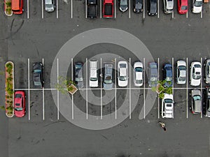 Aerial top view of parking with varieties of colored vehicles