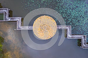 Aerial top view of a pavilion in the middle of the small lake, Lung Tsai Ng Yuen, Lantau Island, Hong Kong