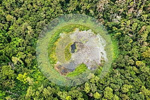 Aerial top view perspective of Trou Aux Cerf Volcano Curepipe in the tropical island jungle of Mauritius. Aerial view of Trou aux photo