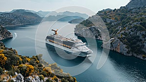 Aerial top view photo of top deck swimming pool in large cruise ship liner crusing.