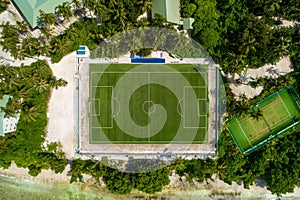 Aerial top view play-field. Empty soccer stadium green field from drone. Football field from above