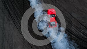 Aerial top view professional driver drift car on asphalt track w photo