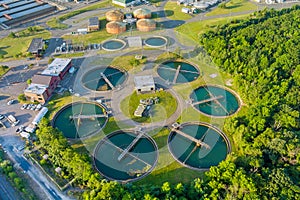 Aerial view recirculation sedimentation tank, water treatment plant for big city from water management