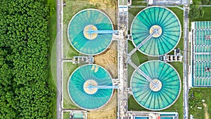 Aerial top view recirculation solid contact clarifier sedimentation tank, Water treatment plant.